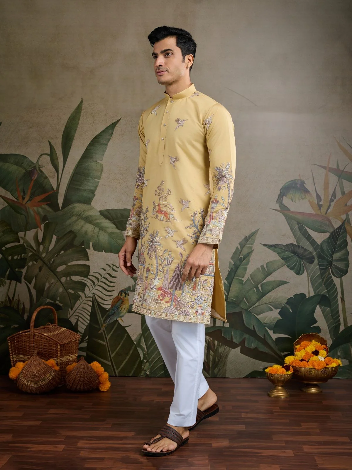 Odette Yellow Viscose Silk Embroidered Stitched Kurta For Men - Image 3