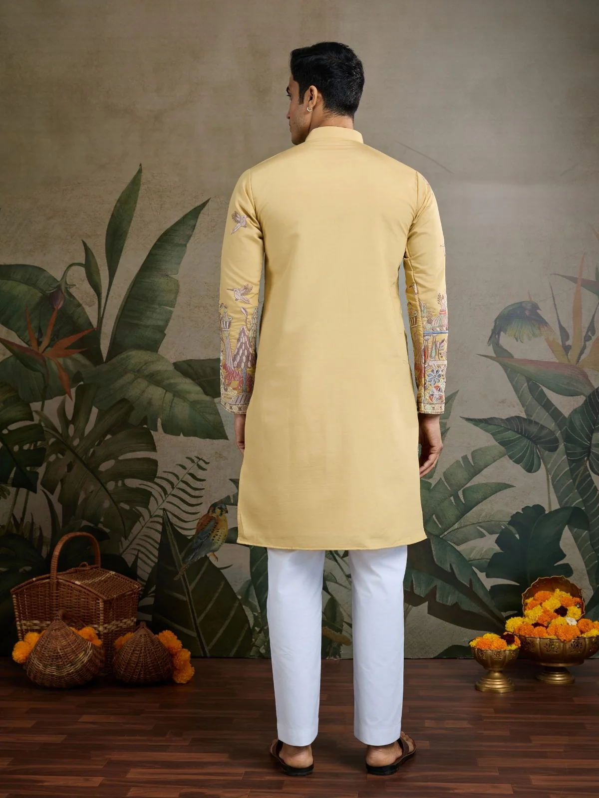 Odette Yellow Viscose Silk Embroidered Stitched Kurta For Men - Image 4