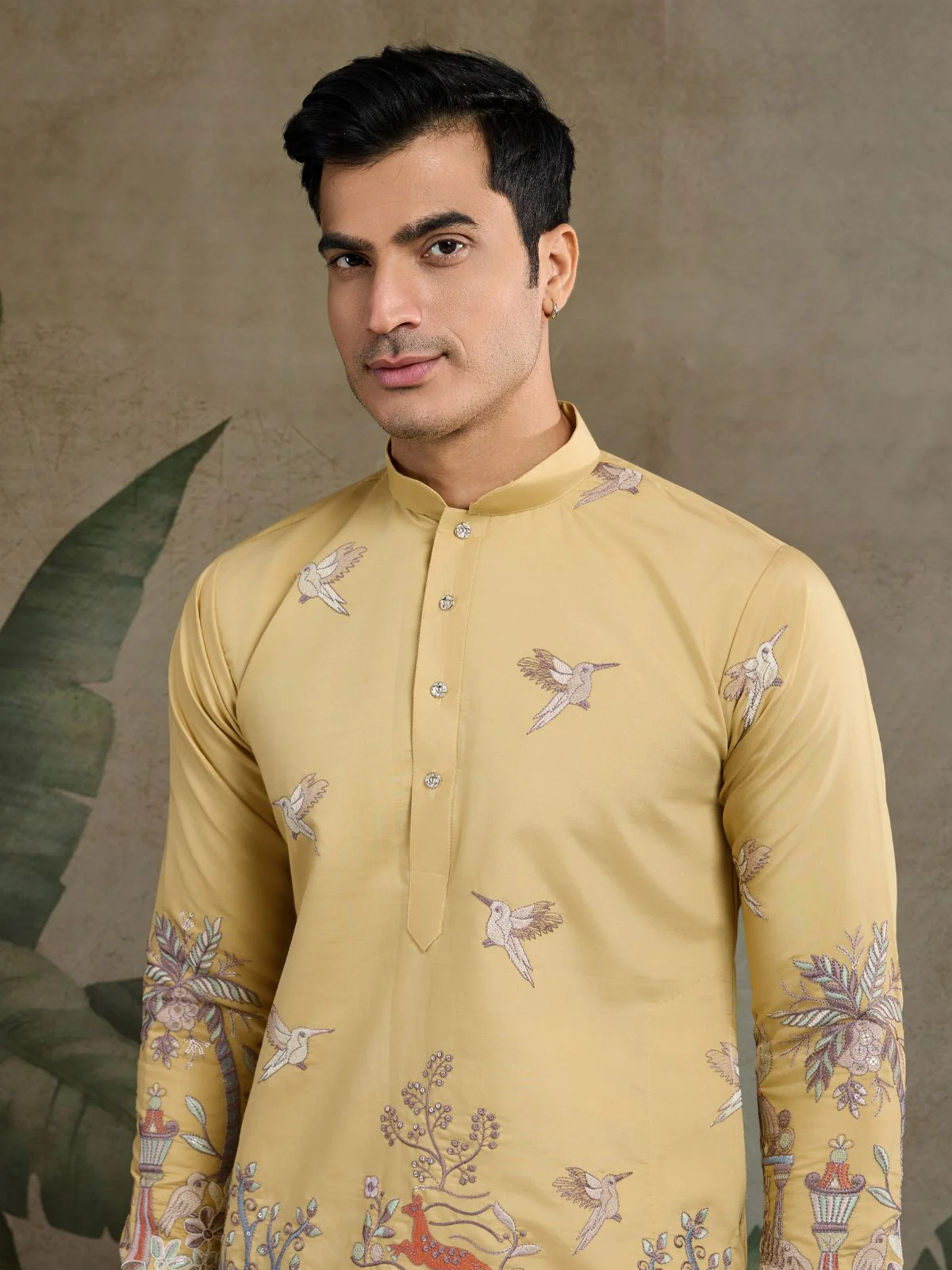 Odette Yellow Viscose Silk Embroidered Stitched Kurta For Men - Image 5