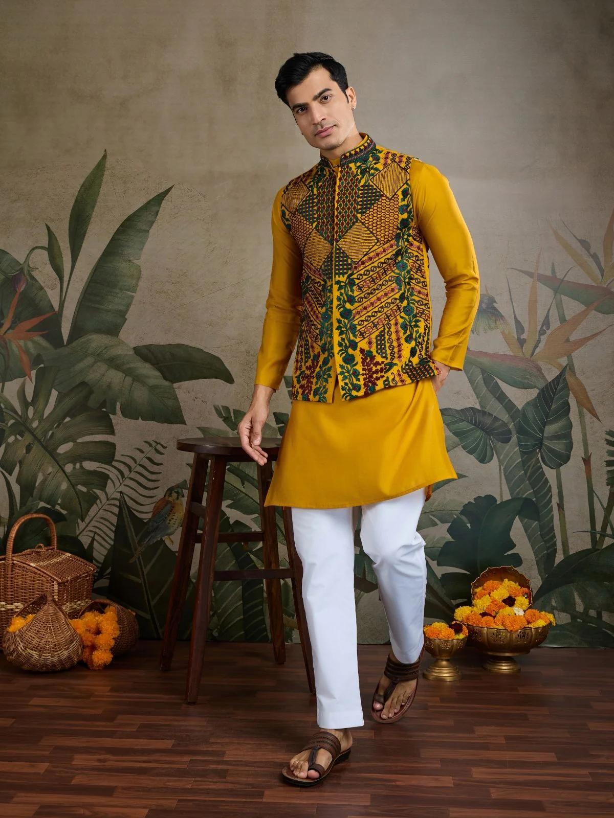 Odette Yellow Viscose Silk Embroidered Stitched Kurta For Men - Image 2