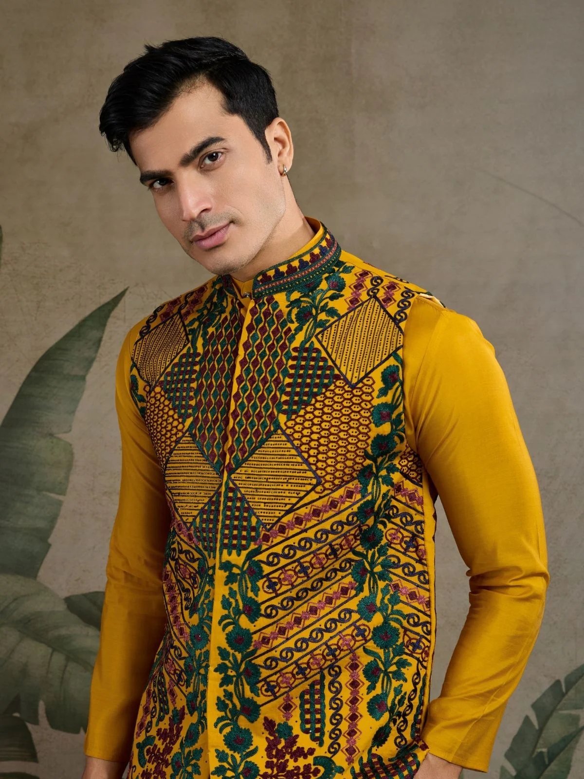 Odette Yellow Viscose Silk Embroidered Stitched Kurta For Men - Image 5