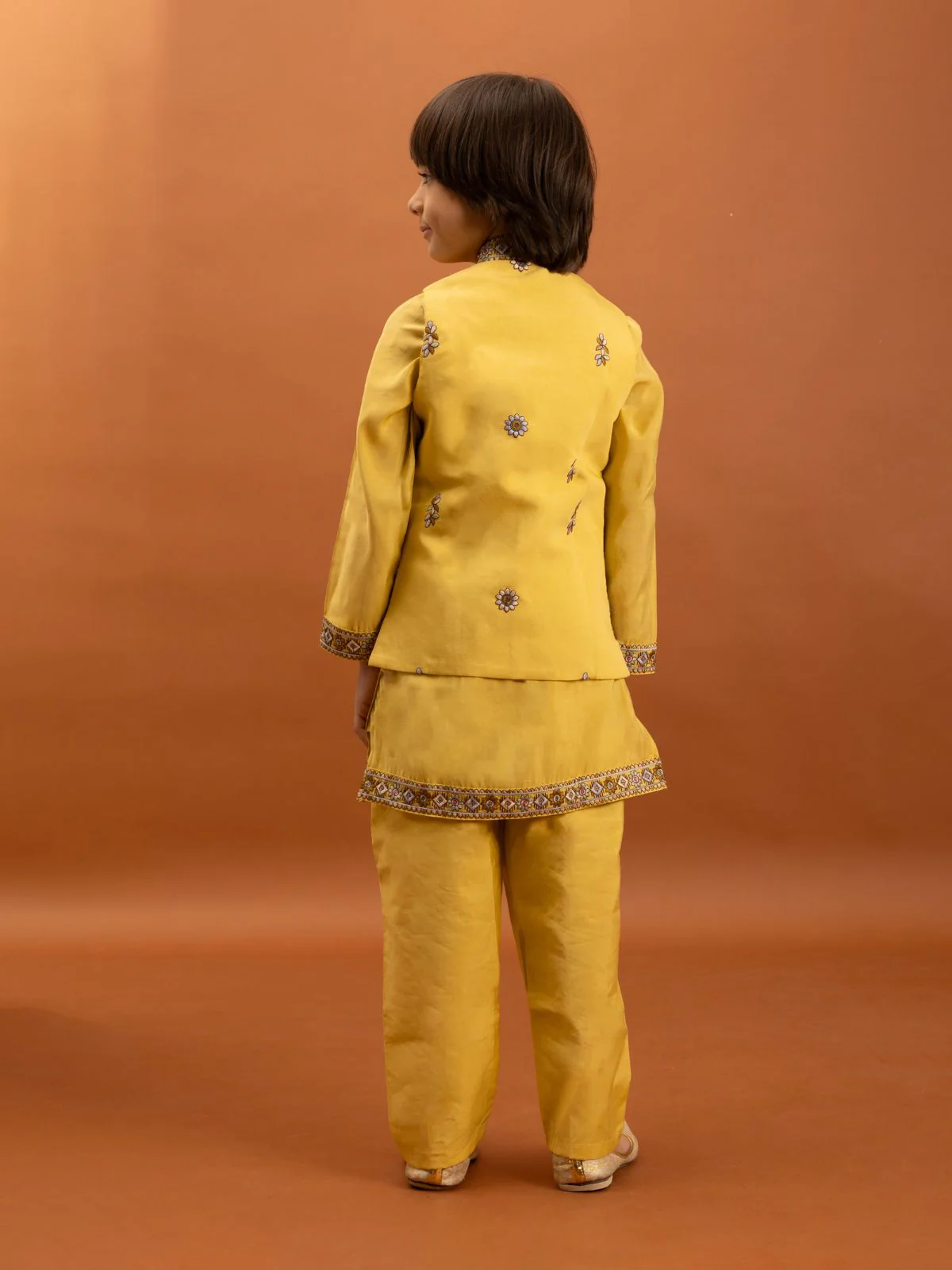 Odette Yellow Viscose Silk Embroidered Stitched Kurta Set For Kids - Image 2