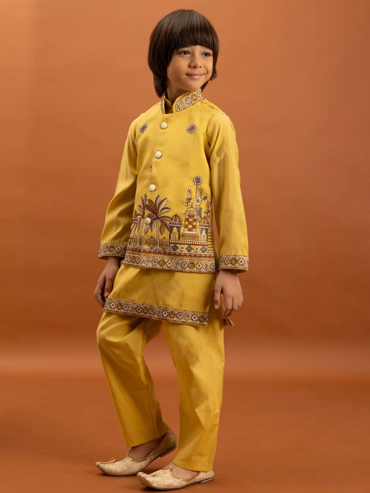 Odette Yellow Viscose Silk Embroidered Stitched Kurta Set For Kids - Image 3