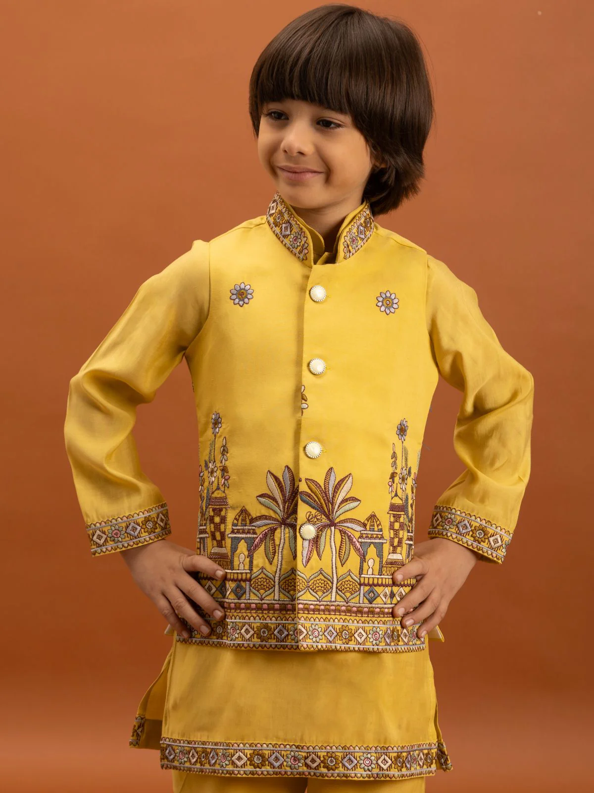 Odette Yellow Viscose Silk Embroidered Stitched Kurta Set For Kids - Image 4