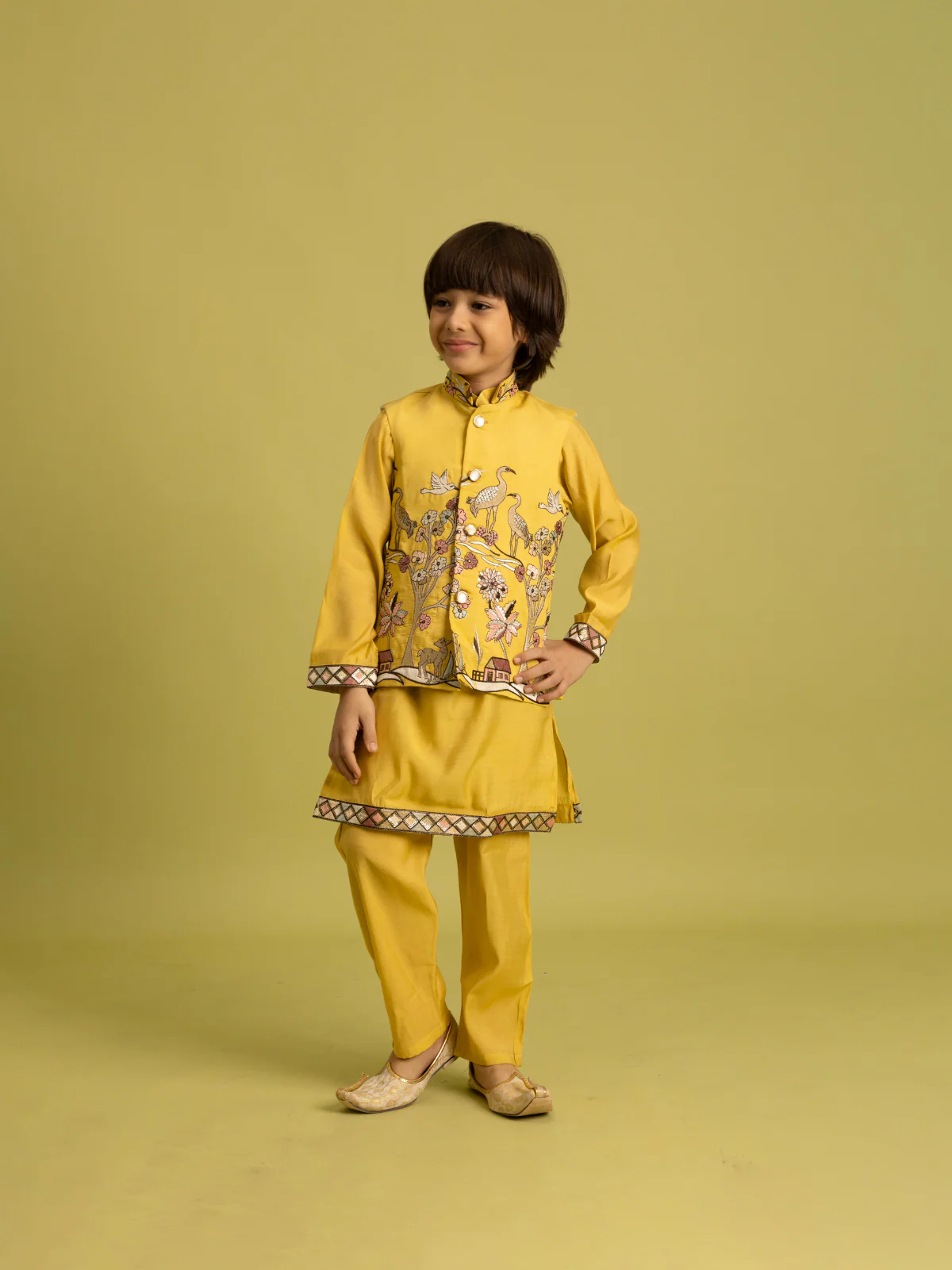 Odette Yellow Viscose Silk Embroidered Stitched Kurta Set For Kids - Image 3