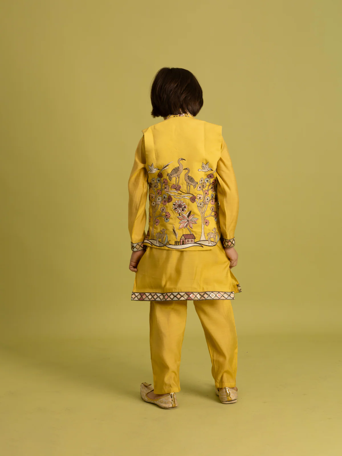 Odette Yellow Viscose Silk Embroidered Stitched Kurta Set For Kids - Image 4
