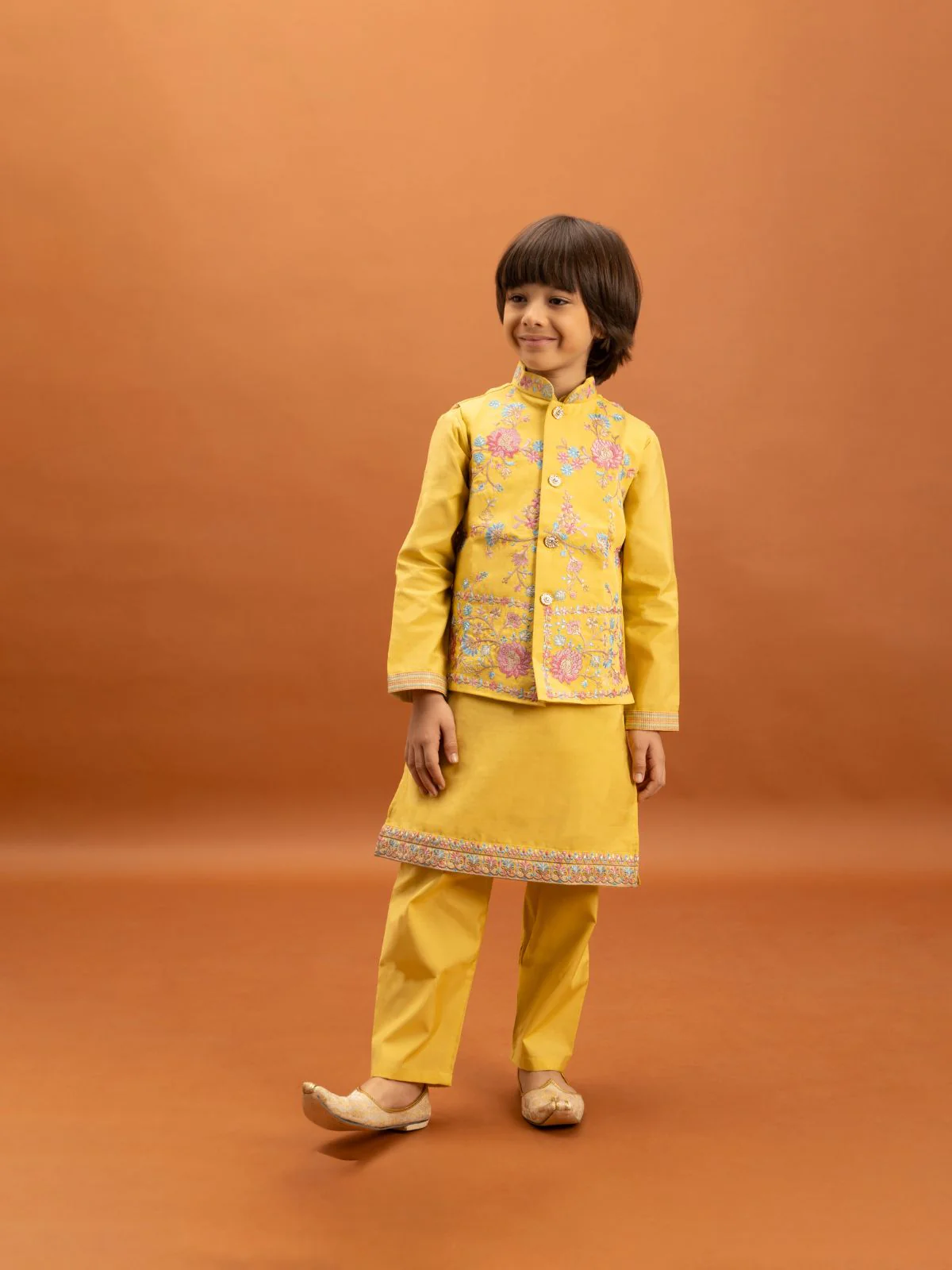 Odette Yellow Viscose Silk Embroidered Stitched Kurta Set For Kids - Image 2