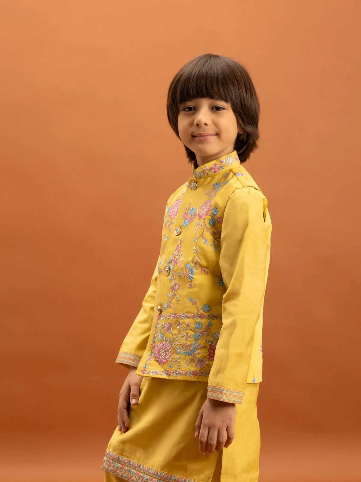 Odette Yellow Viscose Silk Embroidered Stitched Kurta Set For Kids - Image 4