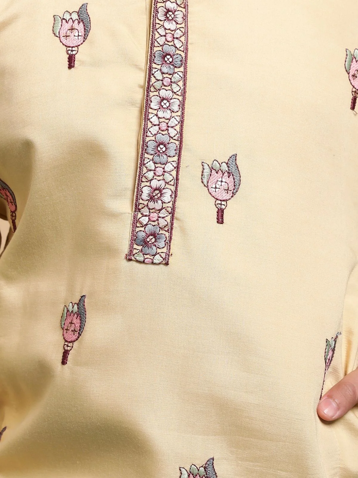 Odette Yellow Viscose Silk Embroidered Stitched Kurta Set For Kids - Image 6
