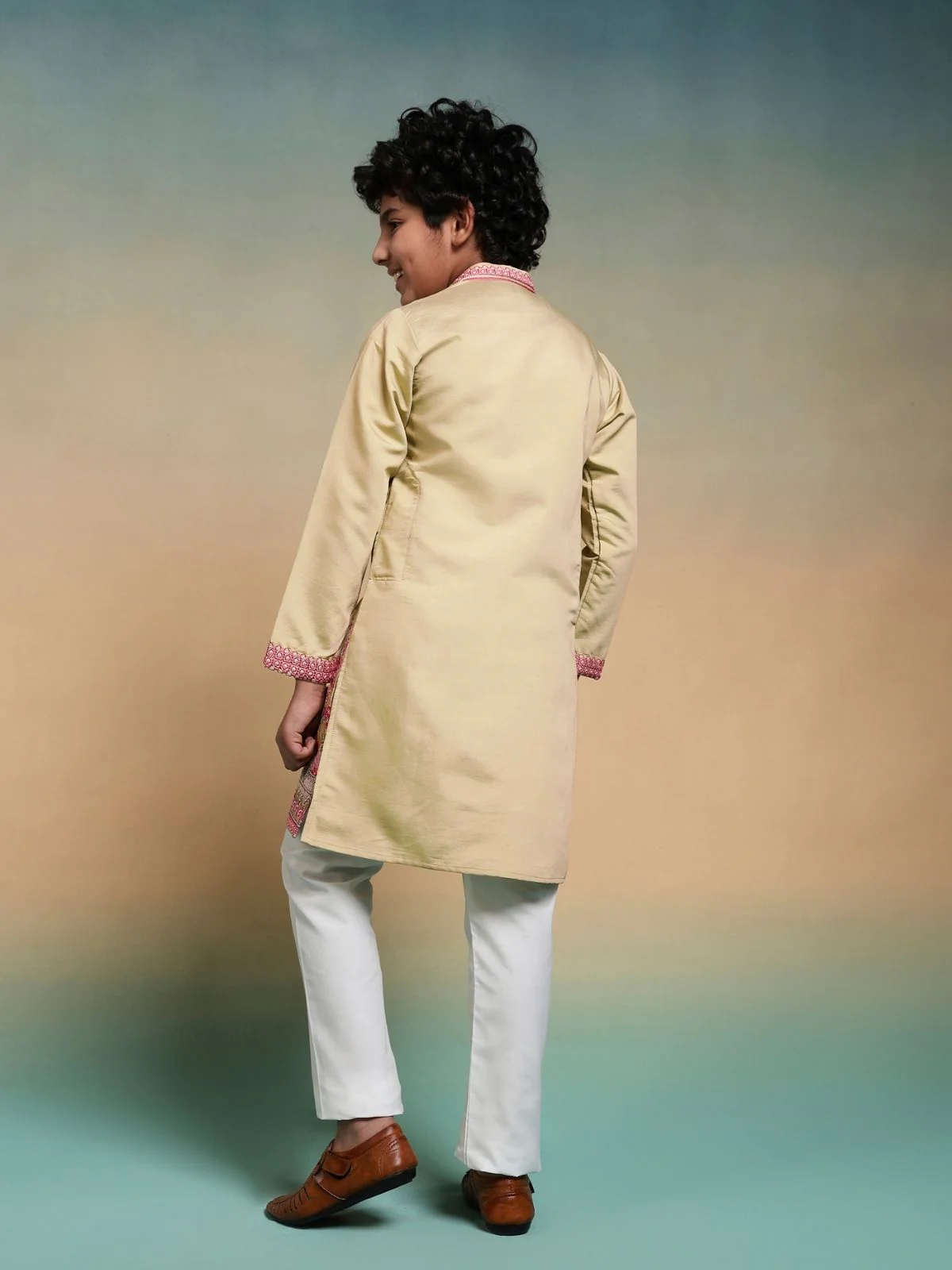 Odette Yellow Viscose Silk Embroidered Stitched Kurta Set For Kids - Image 4
