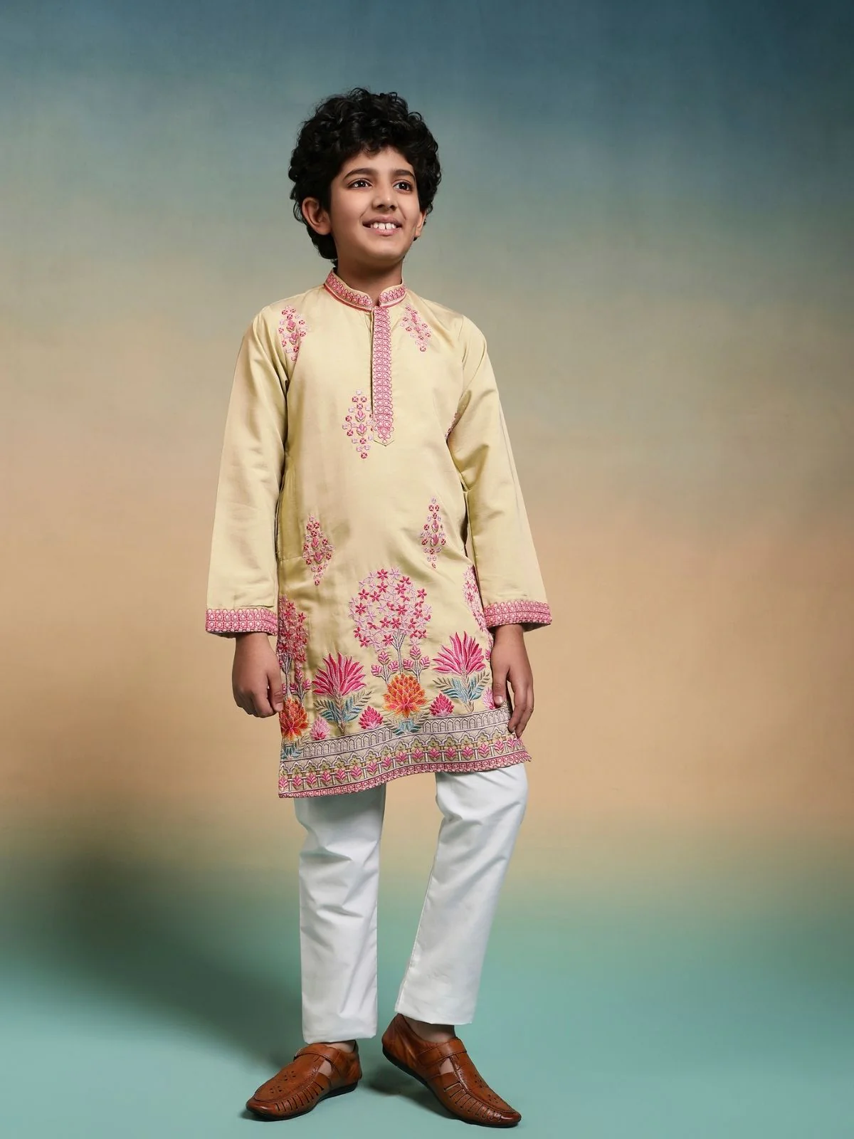 Odette Yellow Viscose Silk Embroidered Stitched Kurta Set For Kids - Image 5