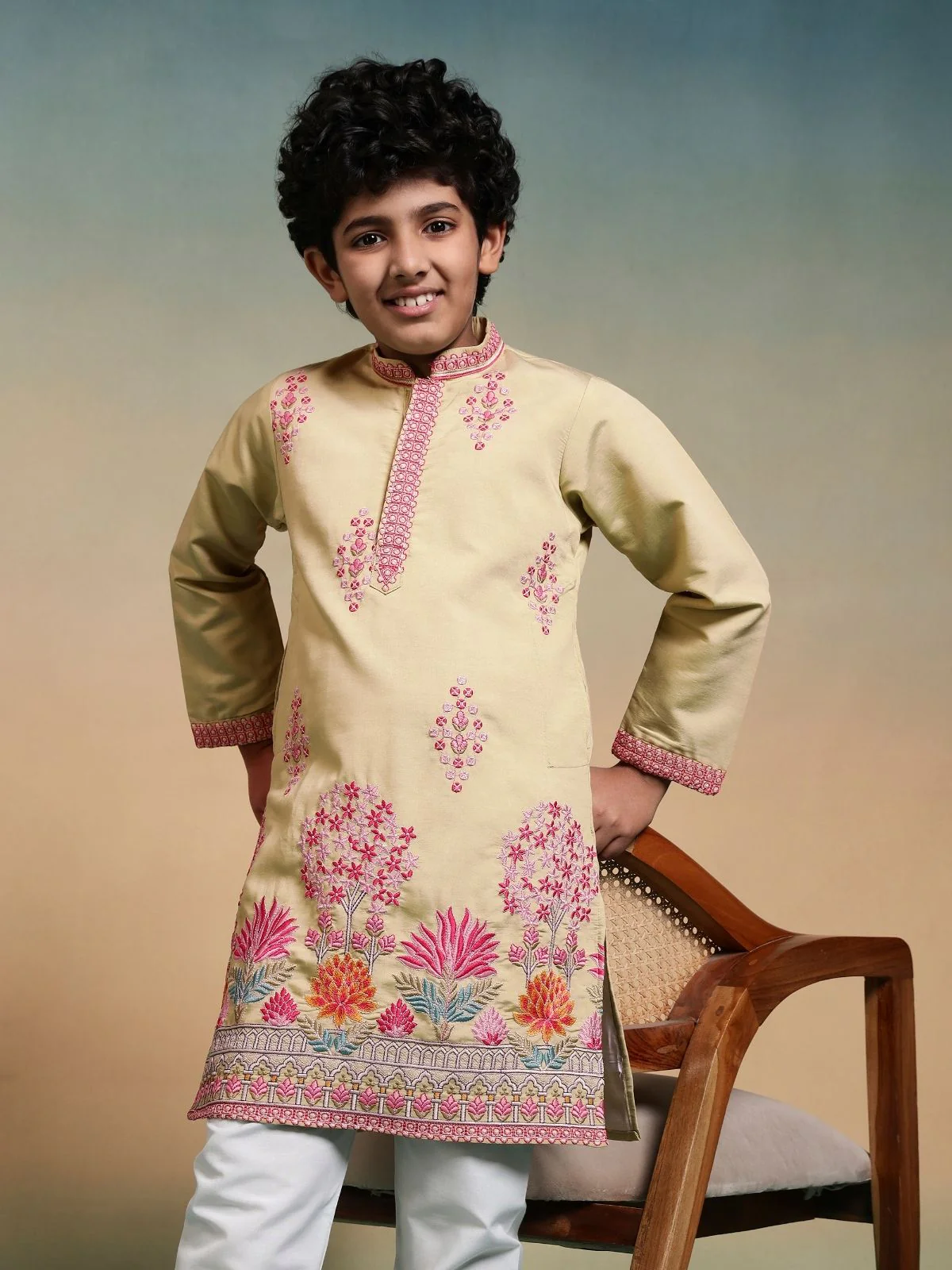 Odette Yellow Viscose Silk Embroidered Stitched Kurta Set For Kids - Image 6