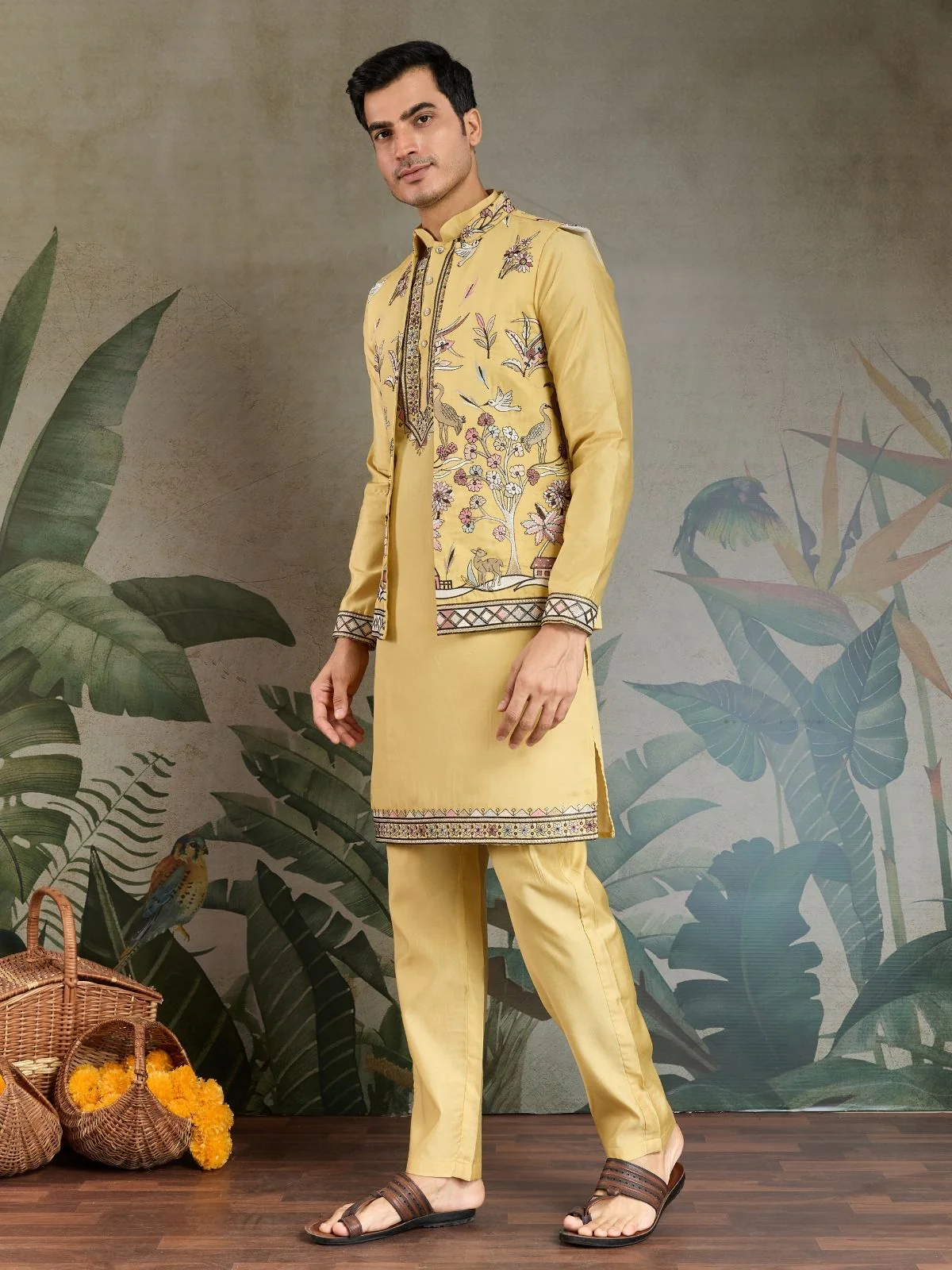 Odette Yellow Viscose Silk Embroidered Stitched Kurta Set For Men - Image 3