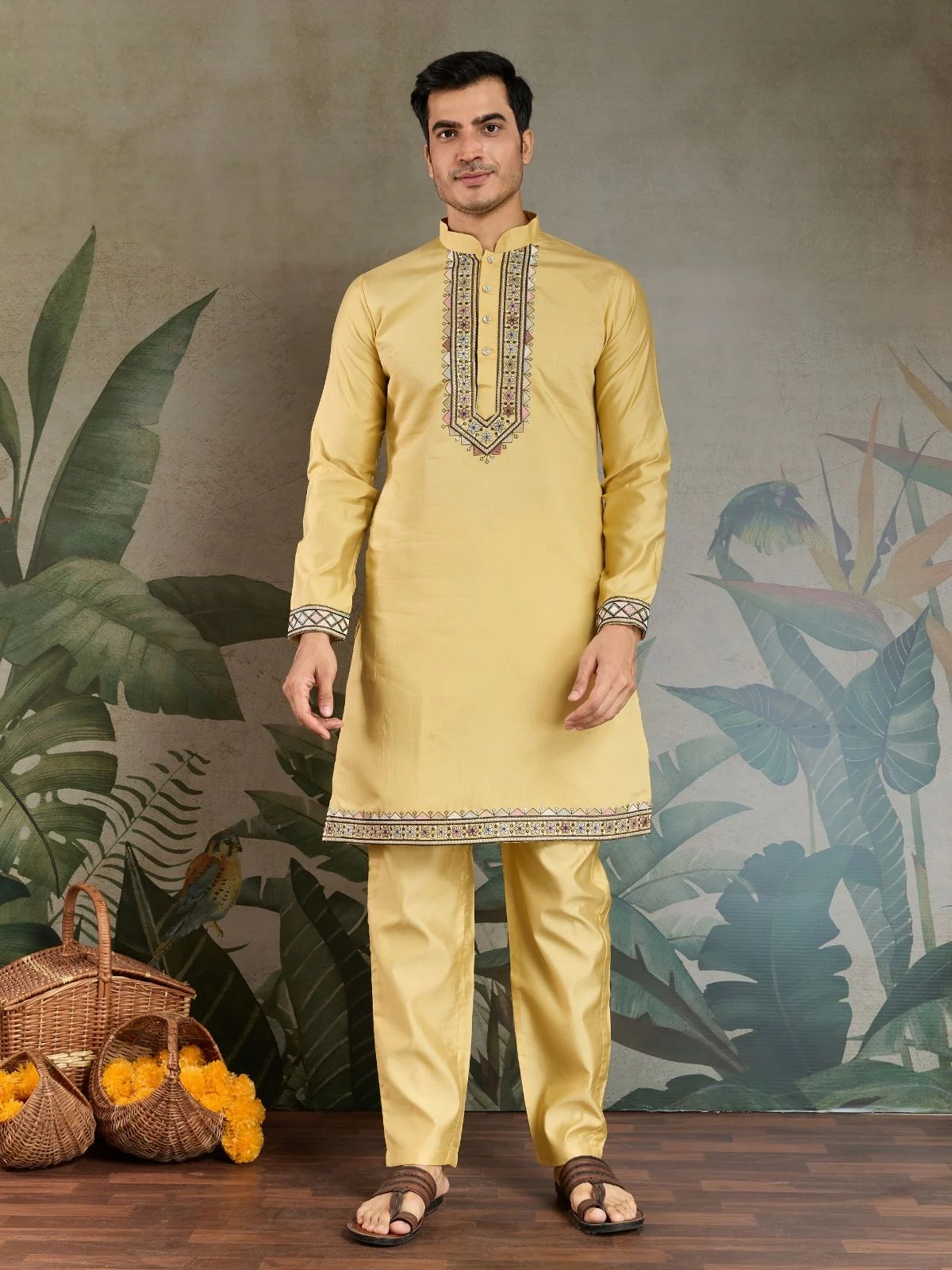 Odette Yellow Viscose Silk Embroidered Stitched Kurta Set For Men - Image 4