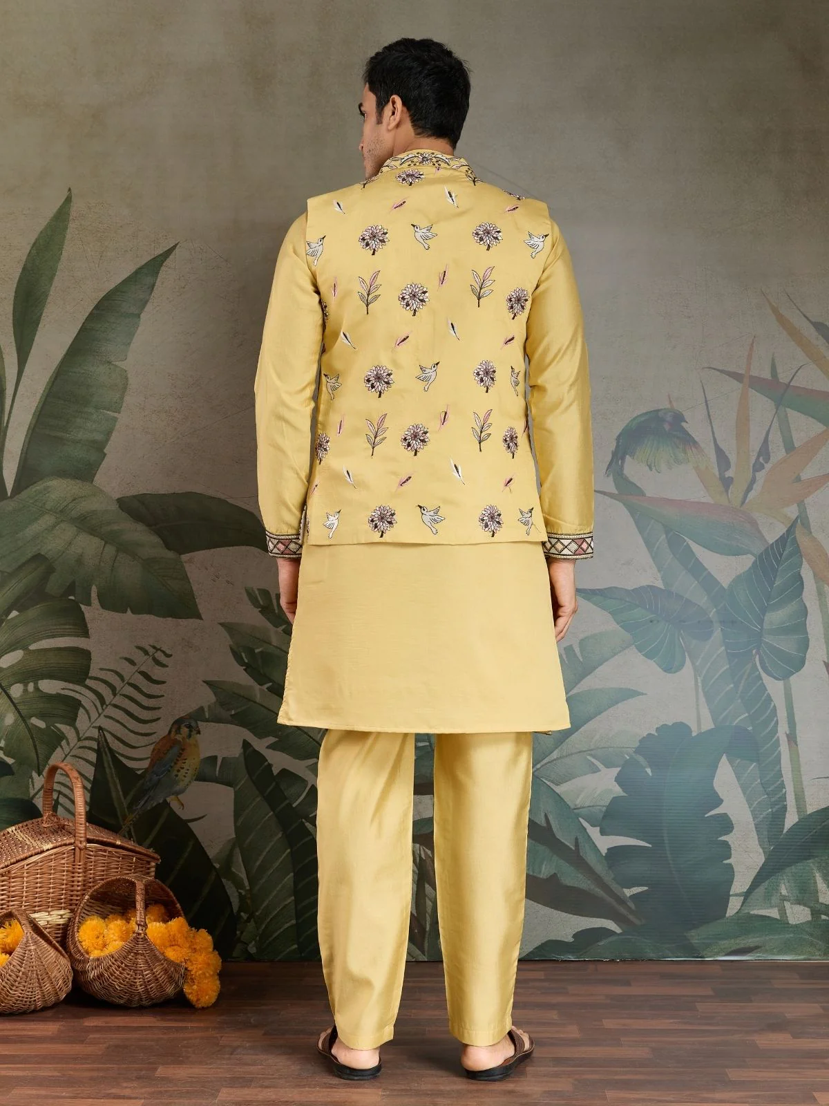 Odette Yellow Viscose Silk Embroidered Stitched Kurta Set For Men - Image 5