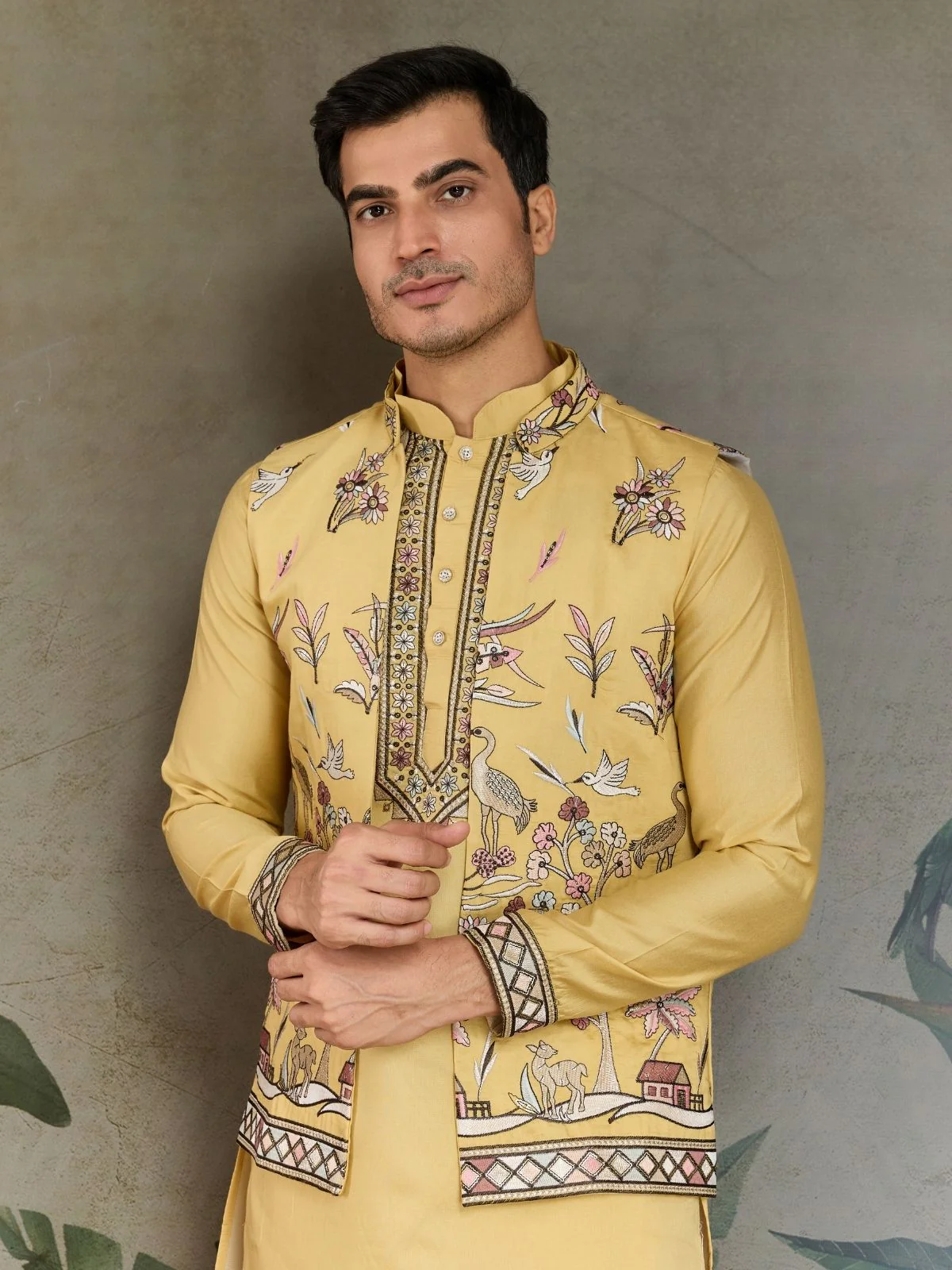 Odette Yellow Viscose Silk Embroidered Stitched Kurta Set For Men - Image 6
