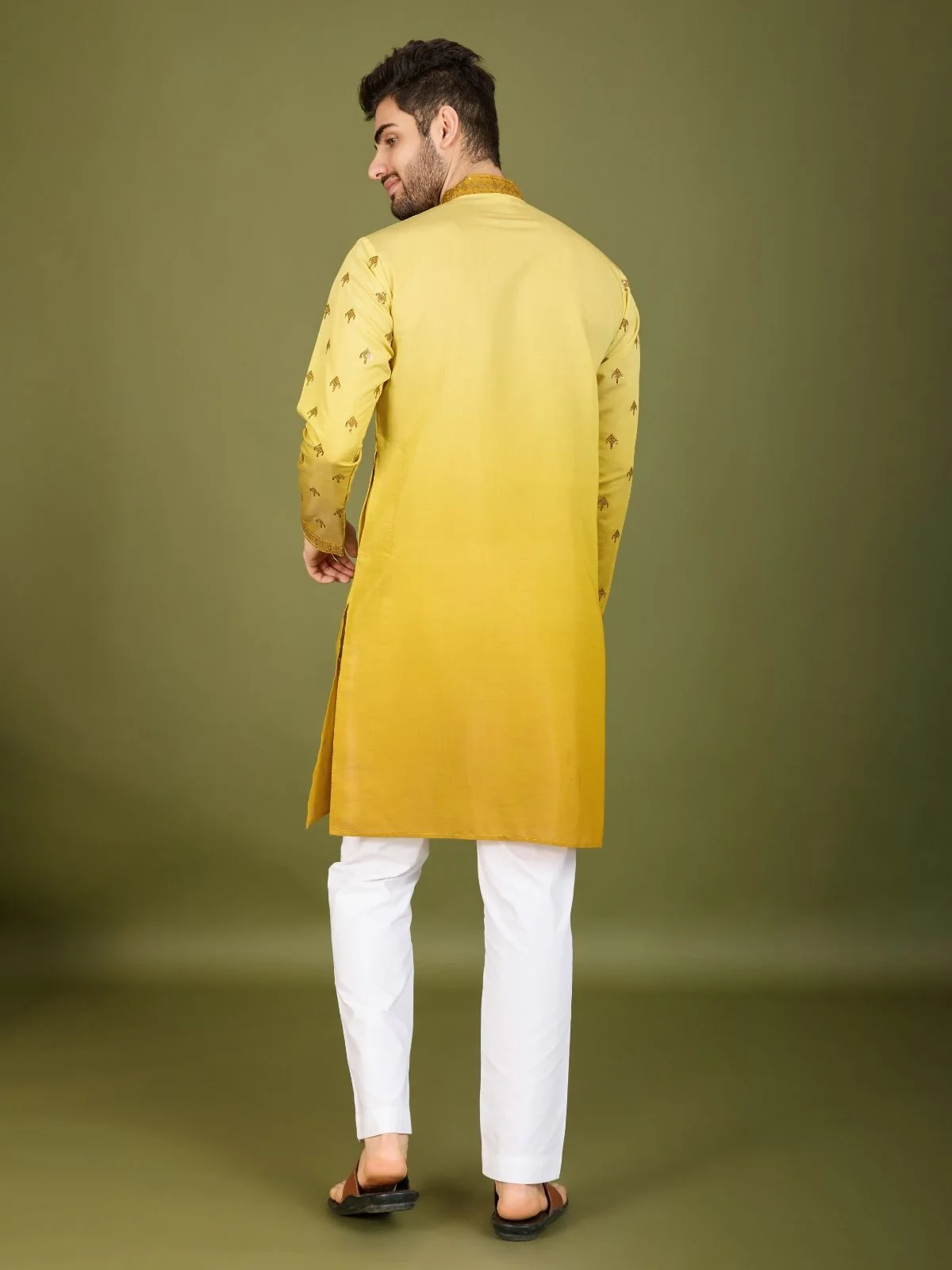 Odette Yellow Viscose Silk Sequins Stitched Kurta For Men - Image 4