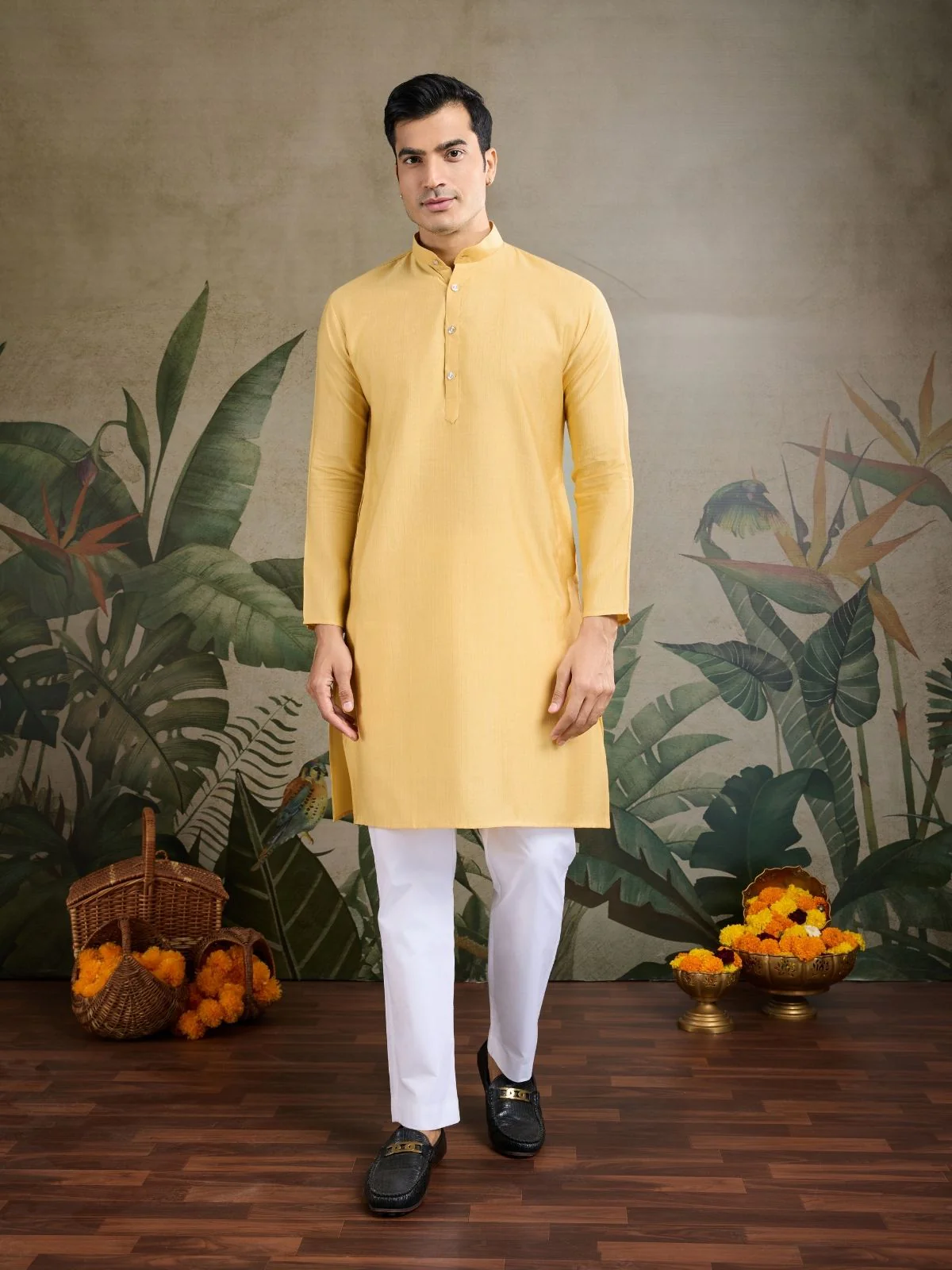 Odette Yellow Viscose Silk Woven Stitched Kurta For Men - Image 5