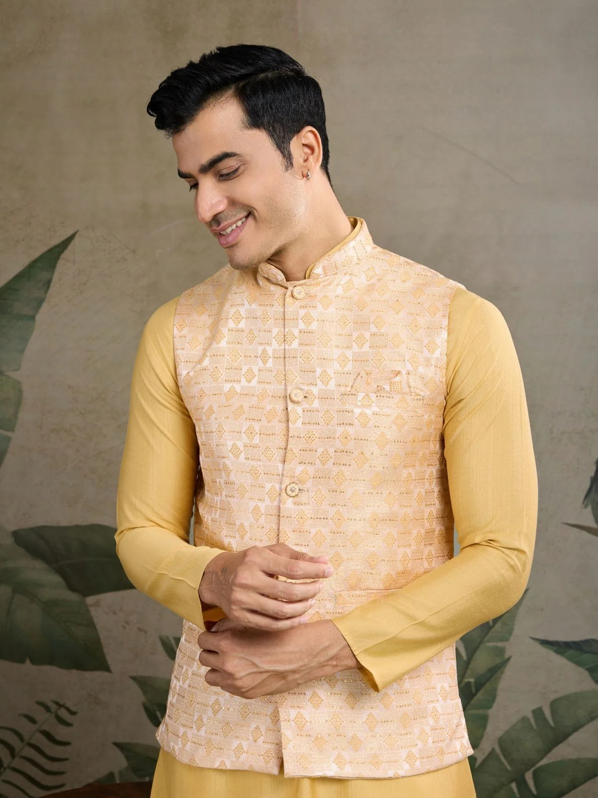Odette Yellow Viscose Silk Woven Stitched Kurta For Men - Image 6