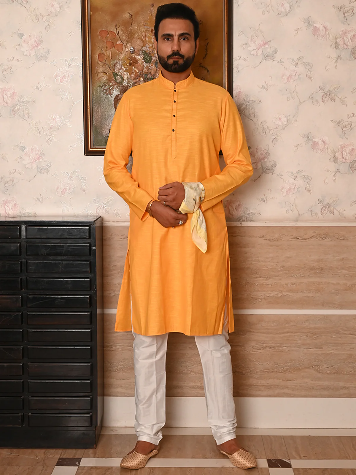 Odette Yellow Woven Cotton Polyester Kurta Set For Men - Image 2