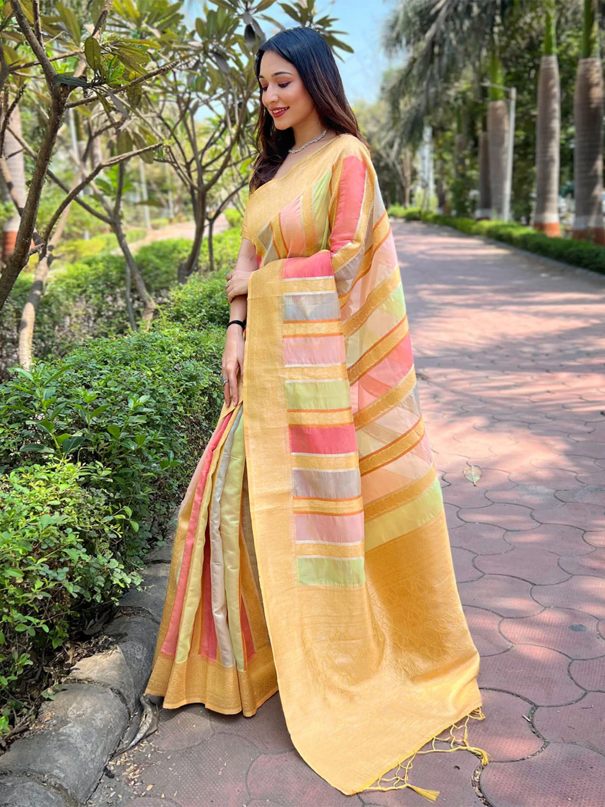 Odette Yellow Woven Design Organza Saree With Unstitched Blouse For Women - Image 2