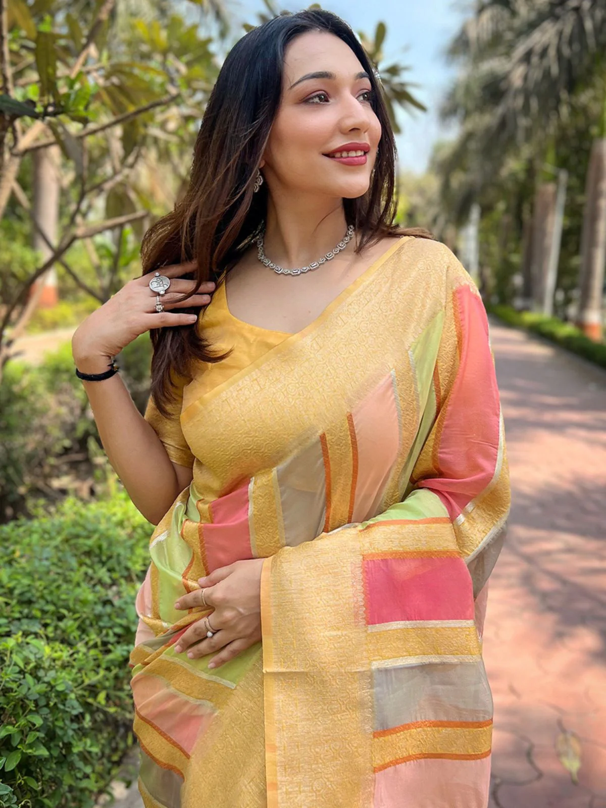 Odette Yellow Woven Design Organza Saree With Unstitched Blouse For Women - Image 3