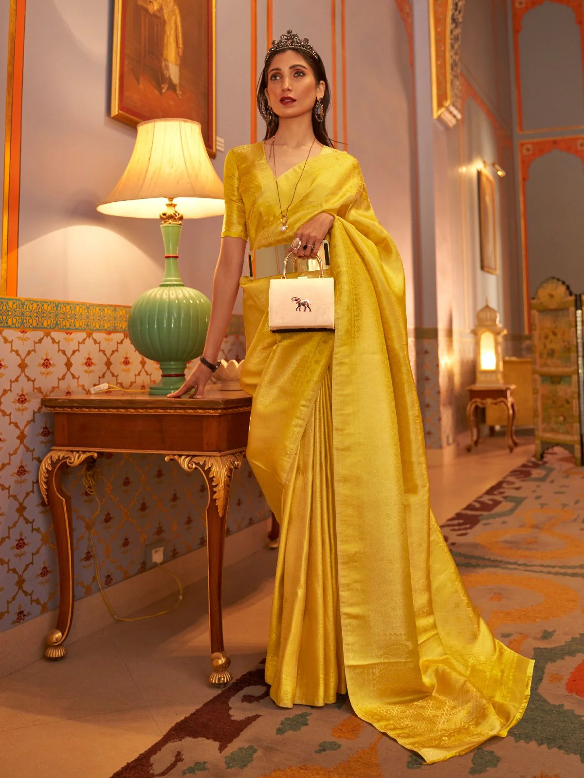 Odette Yellow Woven Design Silk Blend Saree With Unstitched Blouse For Women