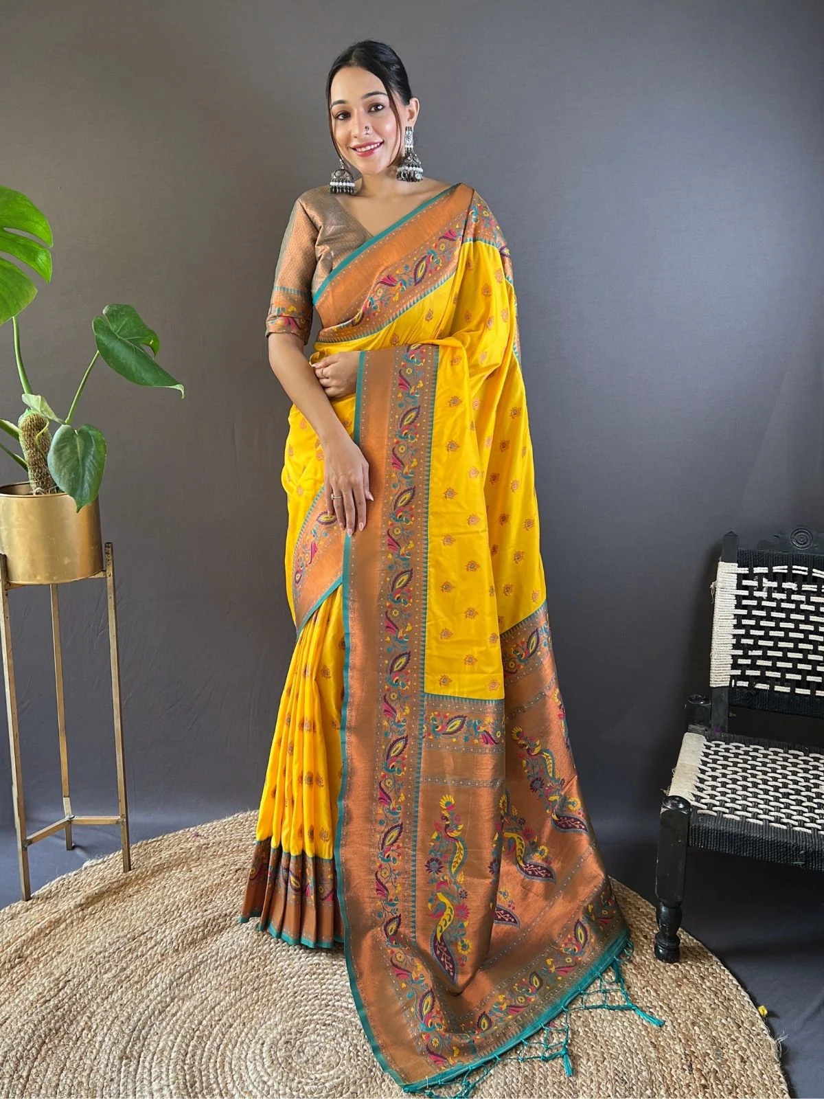 Odette Yellow Woven Design Silk Blend Saree With Unstitched Blouse For Women