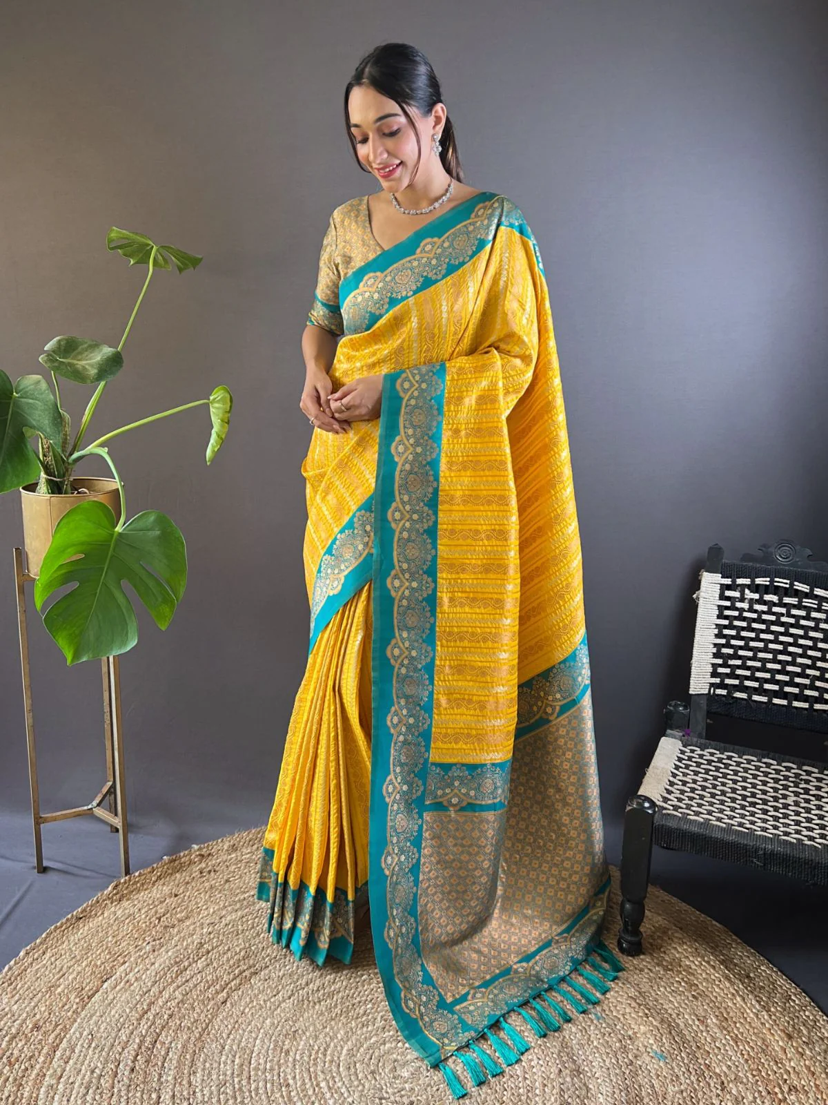 Odette Yellow Woven Design Soft Silk Saree With Unstitched Blouse For Women