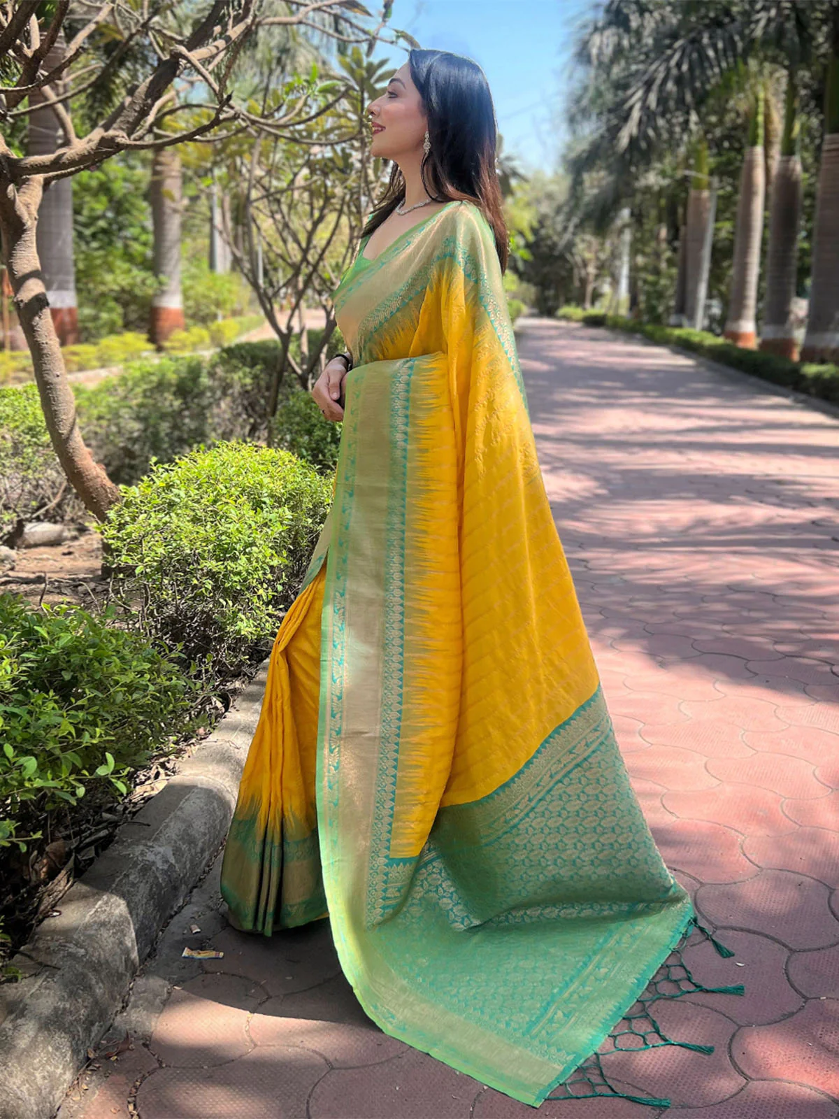 Odette Yellow Woven Design Soft Silk Saree With Unstitched Blouse For Women - Image 2