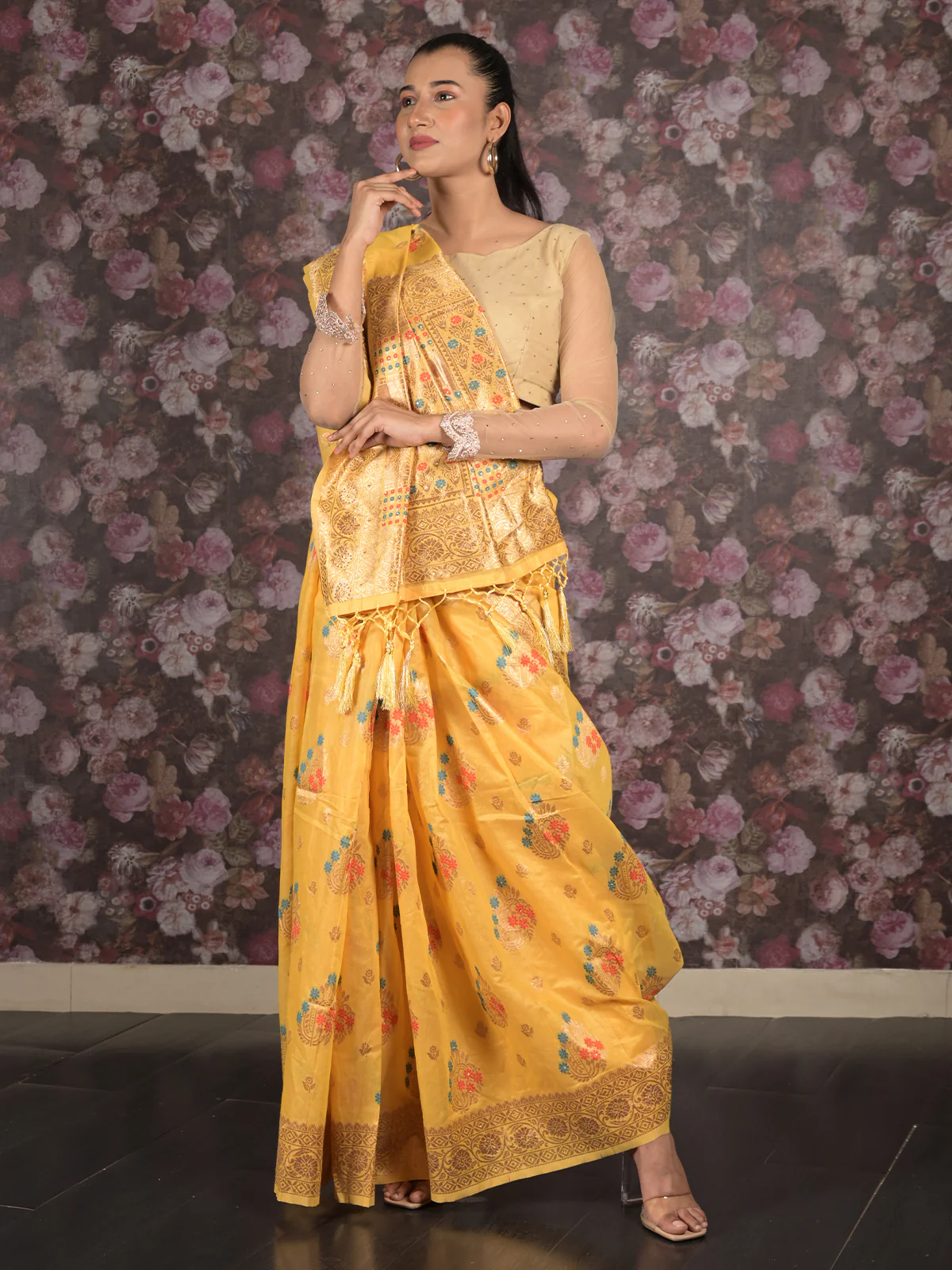 Odette Yellow Woven Silk Blend Saree With Unstitched Blouse For Women - Image 2