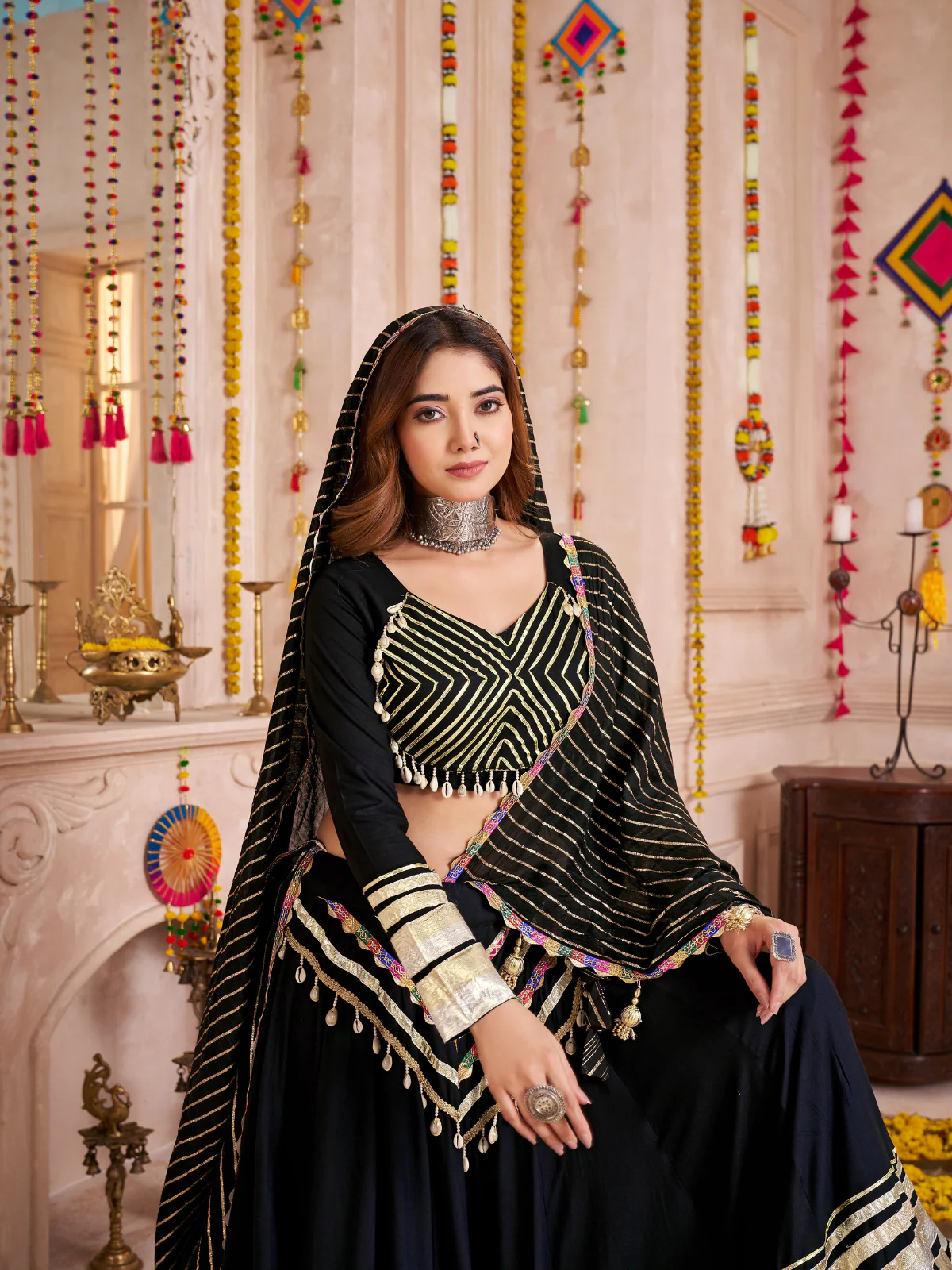 Odette Black Viscose Cotton Embroidered Semi-Stitched Lehenga Choli For Women - Image 3