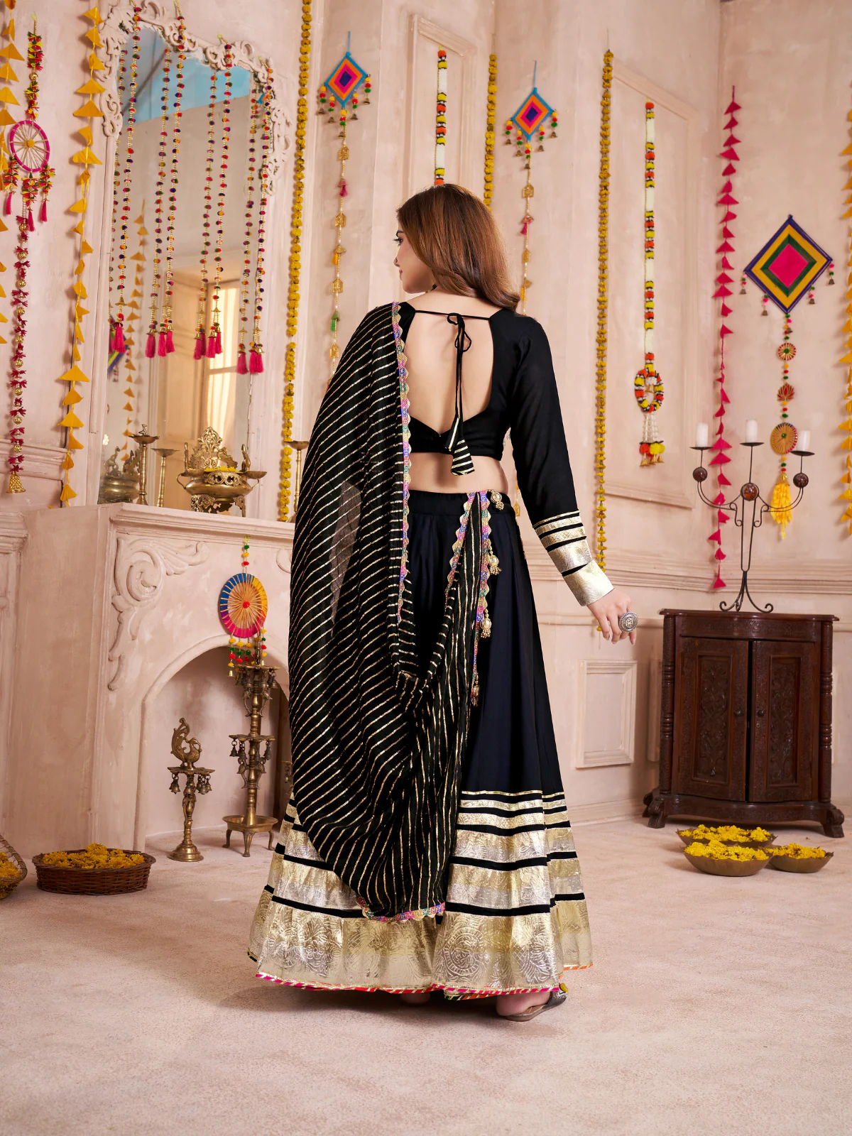 Odette Black Viscose Cotton Embroidered Semi-Stitched Lehenga Choli For Women - Image 4