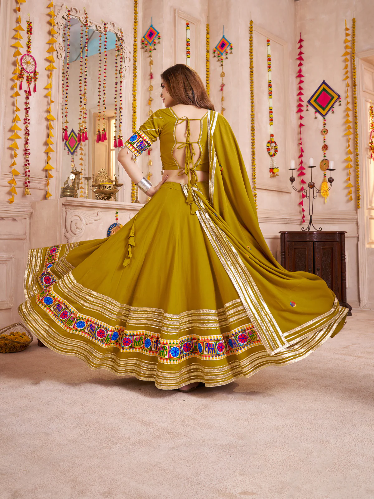 Odette Green Viscose Cotton Embroidered Semi-Stitched Lehenga Choli For Women - Image 4