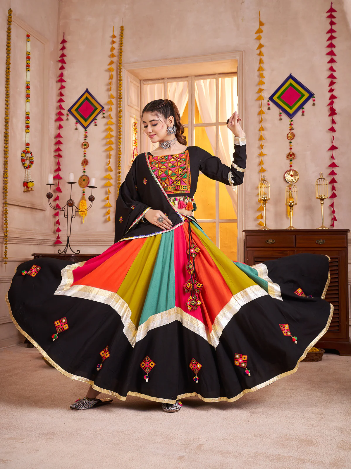 Odette Multicolor Viscose Cotton Embroidered Semi-Stitched Lehenga Choli For Women - Image 2