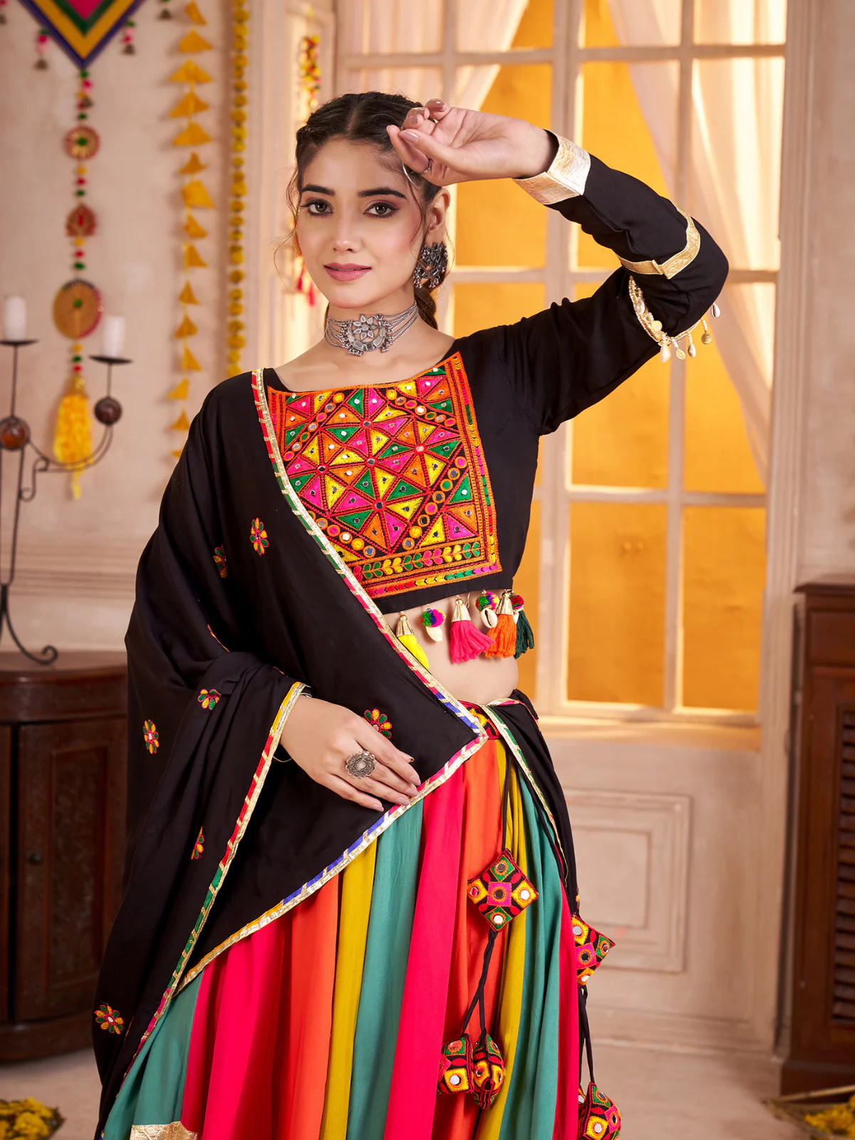 Odette Multicolor Viscose Cotton Embroidered Semi-Stitched Lehenga Choli For Women - Image 3