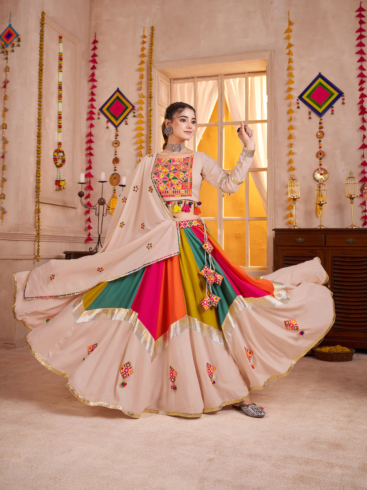 Odette Multicolor Viscose Cotton Embroidered Semi-Stitched Lehenga Choli For Women - Image 2