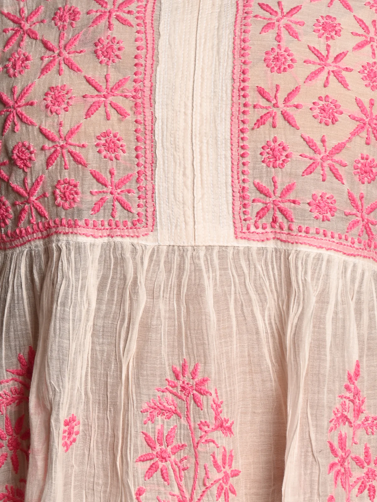 Odette Women White Cotton Mulmul Pink Chikankari Embroidery Unstitched Kurta Set - Image 5