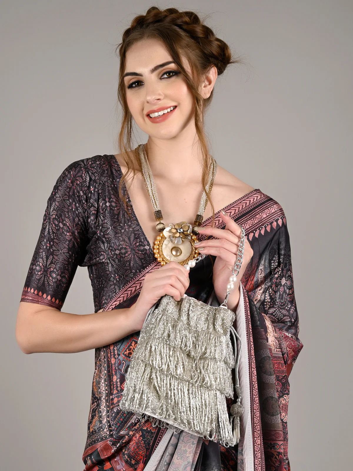 Odette Women Silver Tassel Stylish Potli - Image 2