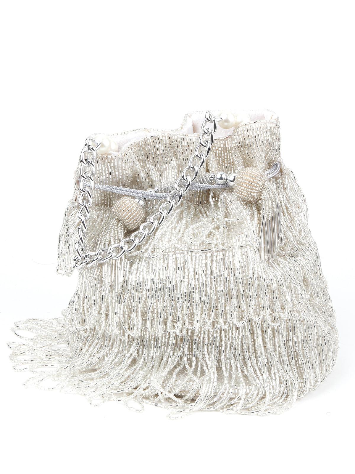 Odette Women Silver Tassel Stylish Potli - Image 3