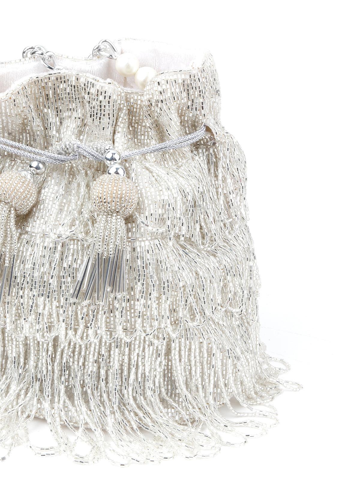 Odette Women Silver Tassel Stylish Potli - Image 6