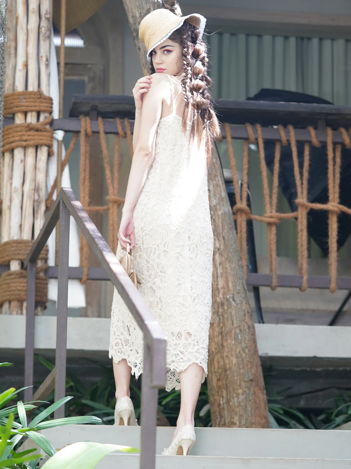 Odette Women Off White Self Design Crochet Stitched Dress - Image 4