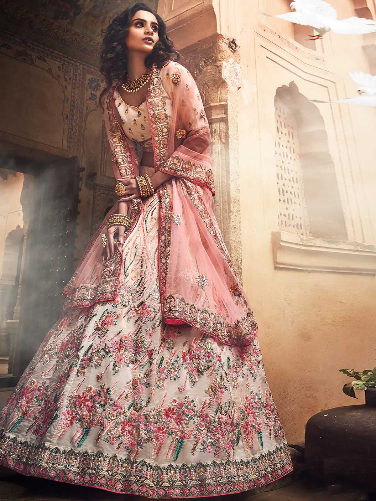 Odette Women Apricot Embroidered Organza Semi Stitched Lehenga With Unstitched Blouse - Image 2