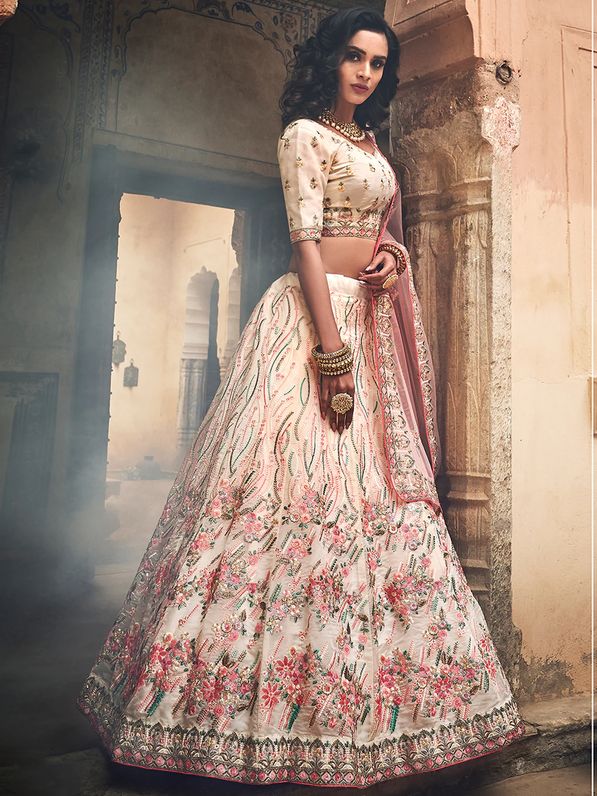 Odette Women Apricot Embroidered Organza Semi Stitched Lehenga With Unstitched Blouse - Image 3