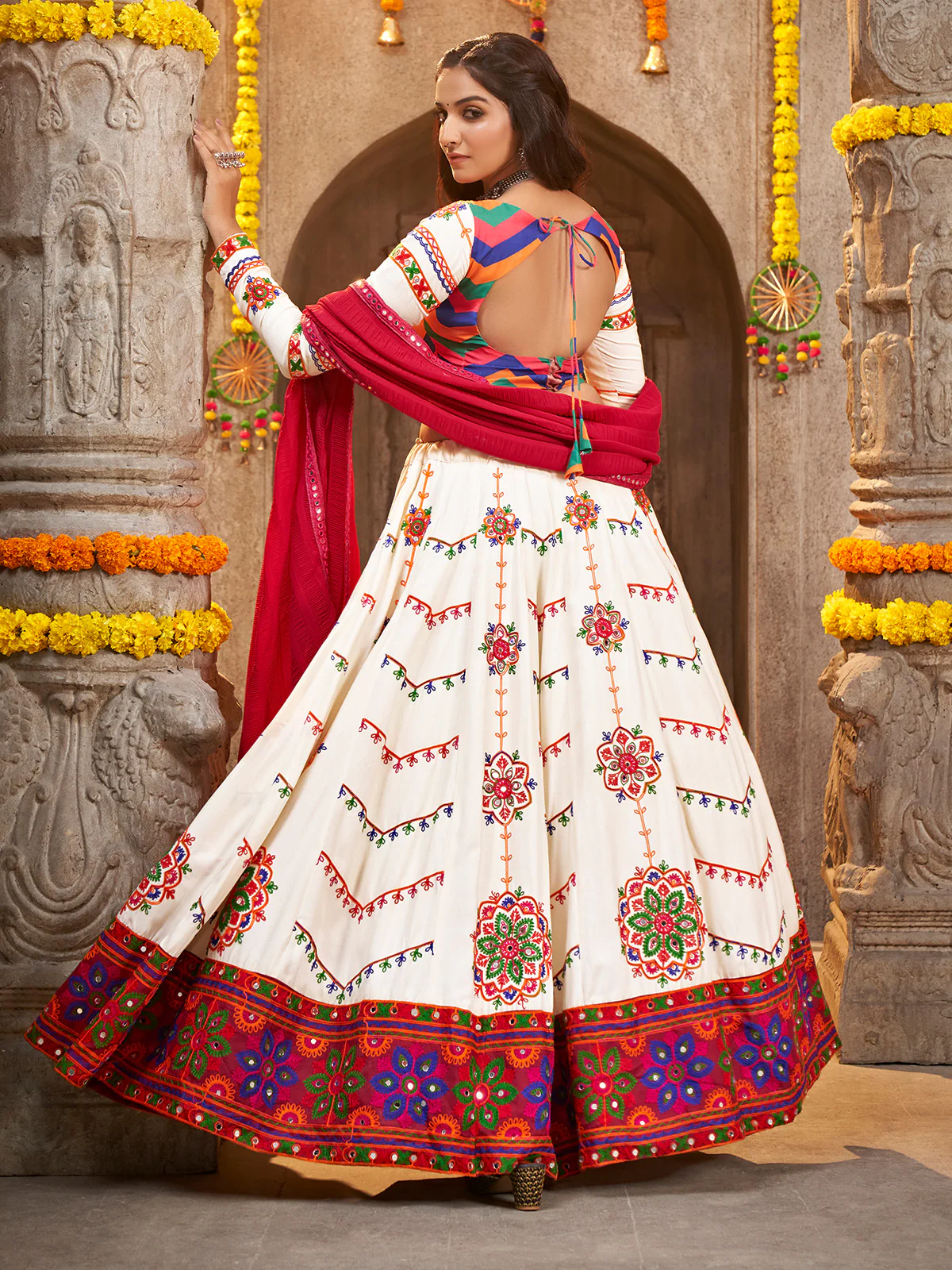 Odette Off White Viscose Rayon Embroidered Semi Stitched Lehenga Choli For Women - Image 3
