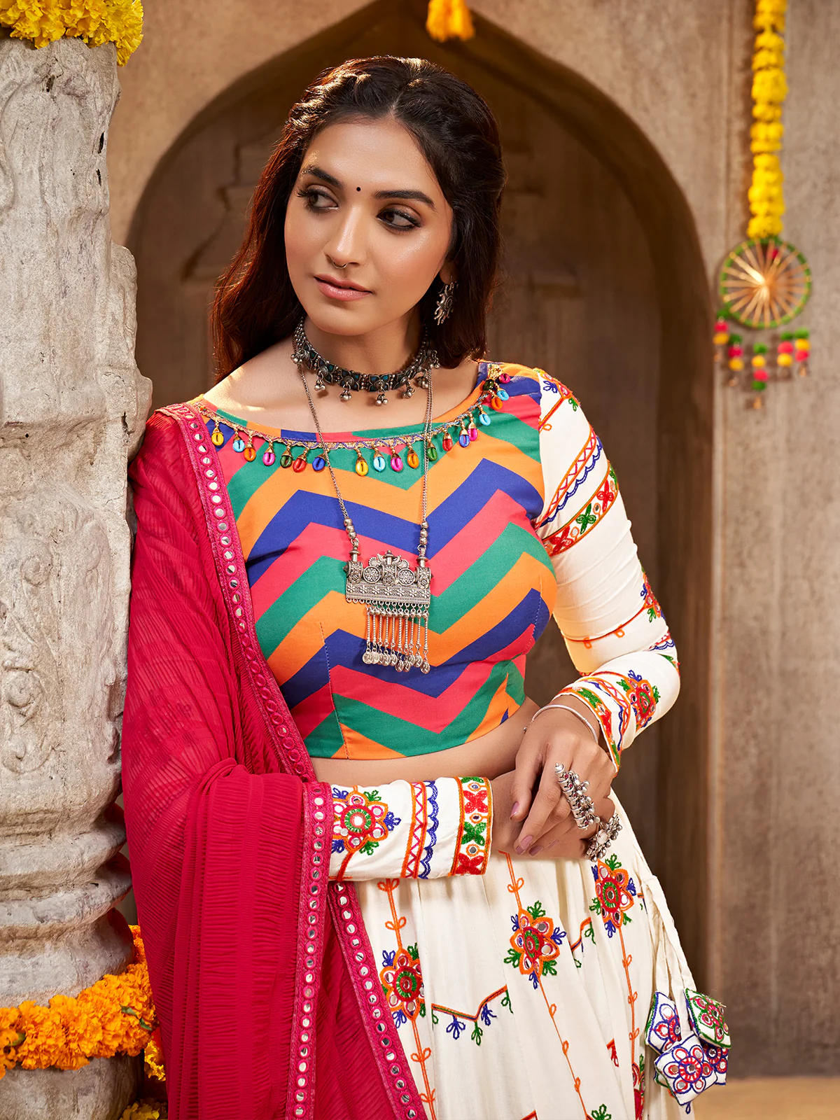 Odette Off White Viscose Rayon Embroidered Semi Stitched Lehenga Choli For Women - Image 4
