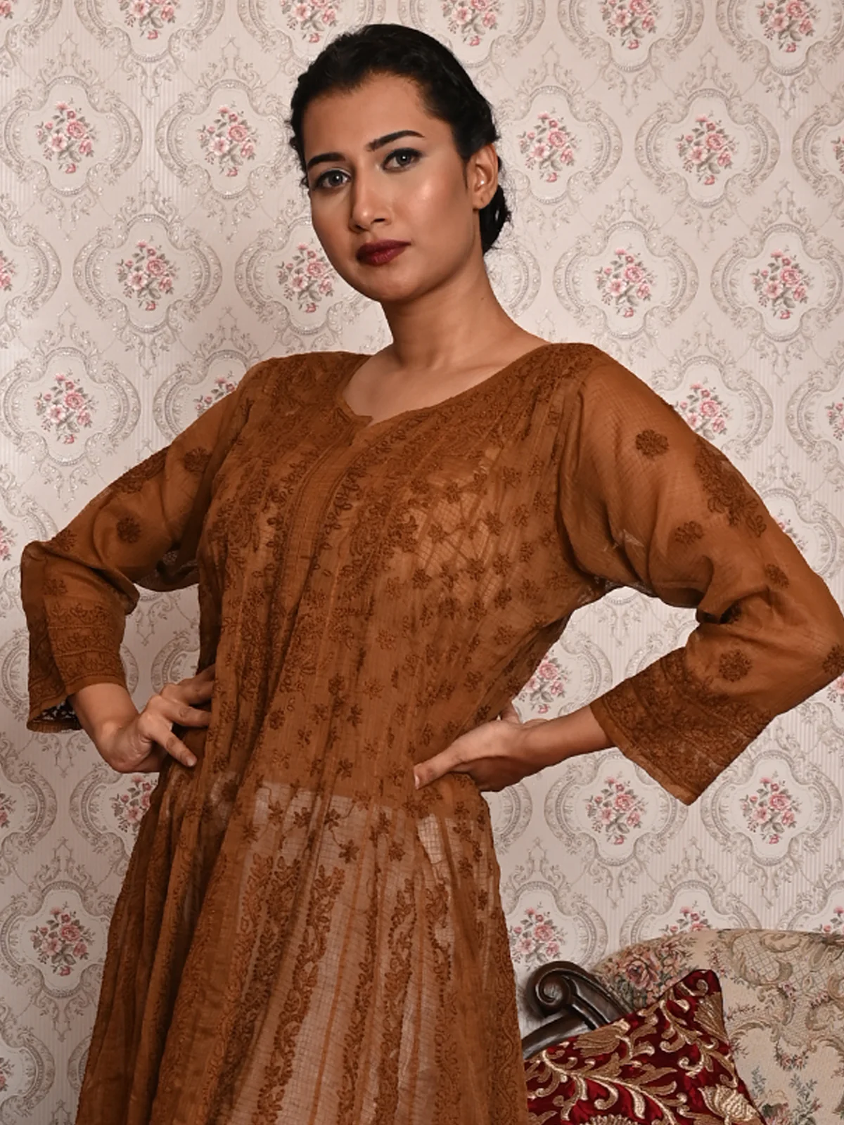 Odette Women Brown Voile Chikankari Embroidered Stitched Kurta - Image 2