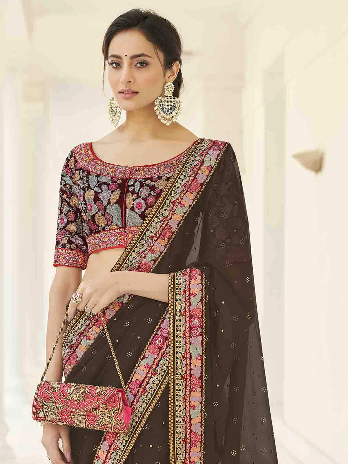 Odette Women Olive Organza Embroidered Saree With Unstitched Blouse - Image 2