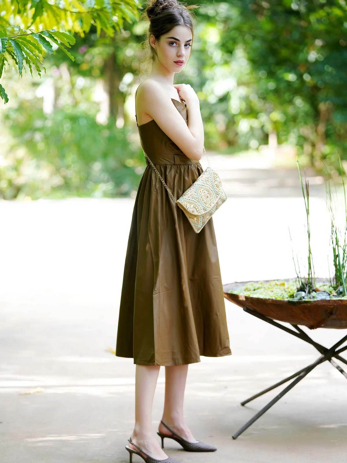 Odette Women Olive Pu Solid Tea Length Stitched Dress - Image 2