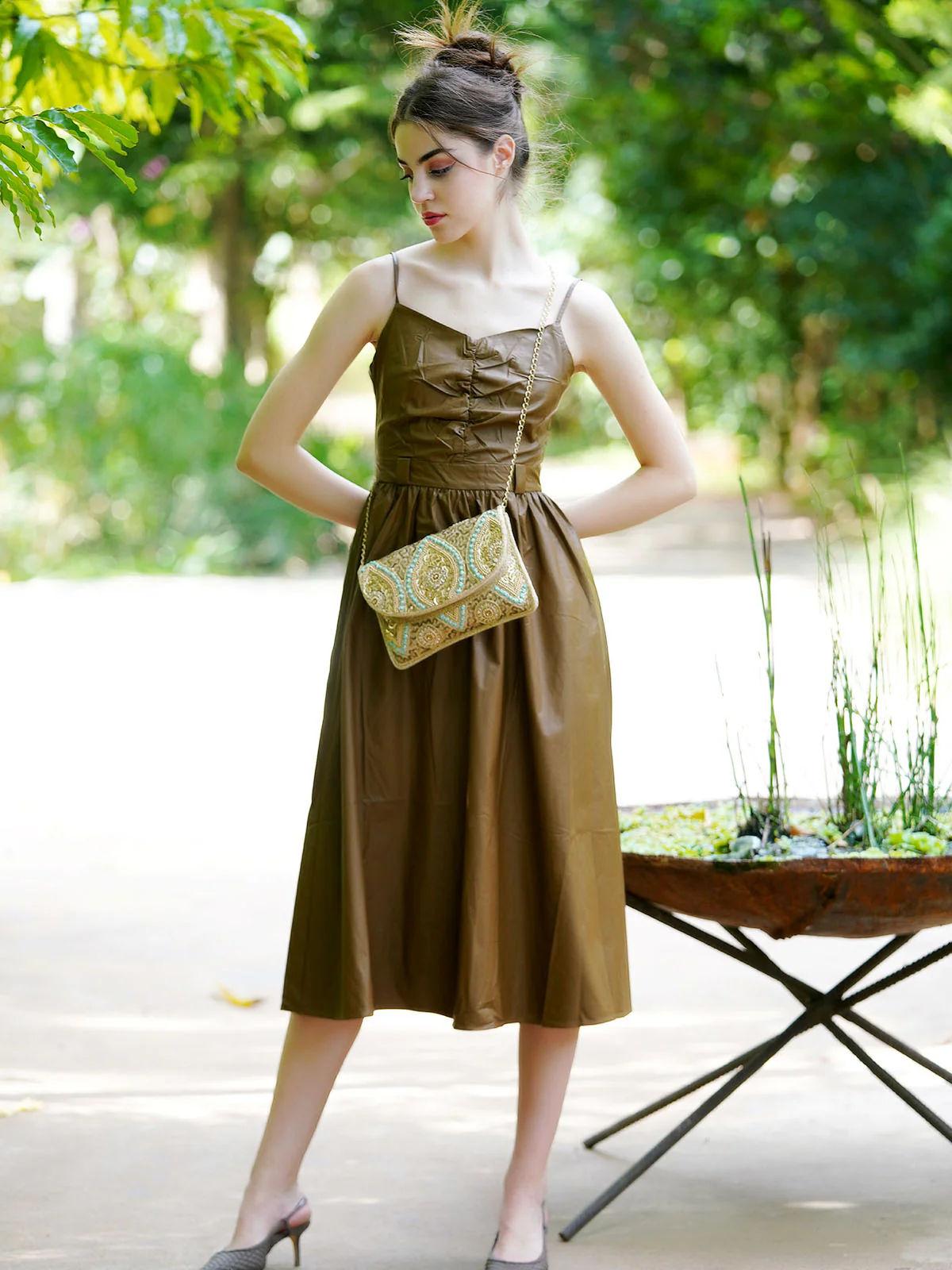 Odette Women Olive Pu Solid Tea Length Stitched Dress - Image 3